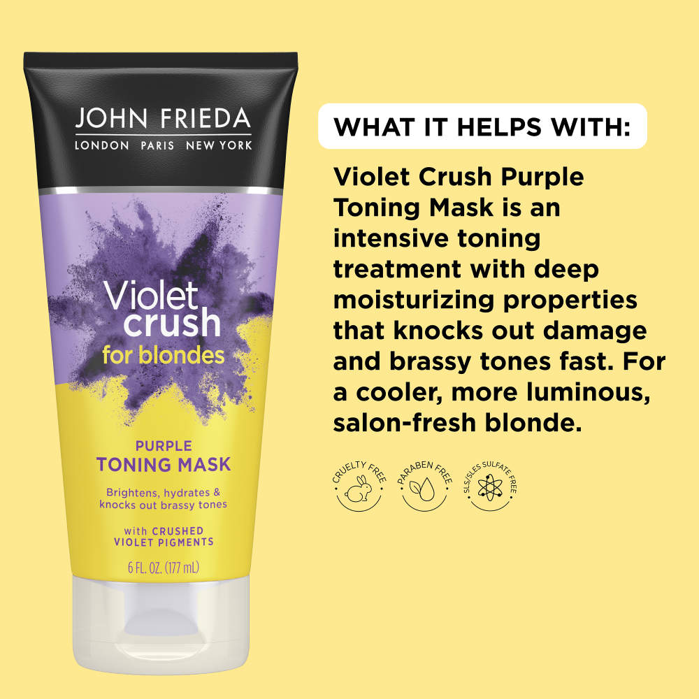 The Violet Crush Purple Toning Mask is an intensive toning treatment with deep moisturizing properties that knocks out damage and brassy tones fast. For a cooler, more luminous, salon-fresh blonde.
