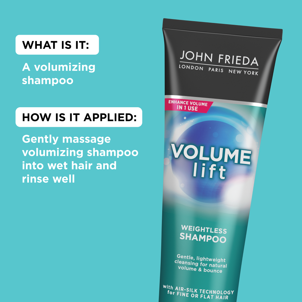 John Frieda Volume Lift Weightless Shampoo is a volumizing shampoo that yo ugently massage into wet hair and rinse.