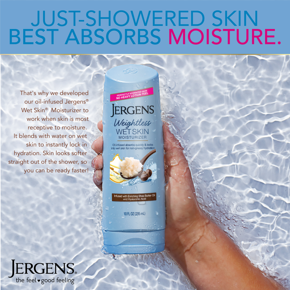 Just-showered skin best absorbs moisture. That's why we developed our oil-infused Jergens Wet Skin Moisturizer to work what skin is most receptive to moisture. It blends with water on wet skin to instantly lock in hydration. Skin looks softer straight out of the shower, so you can be ready faster!